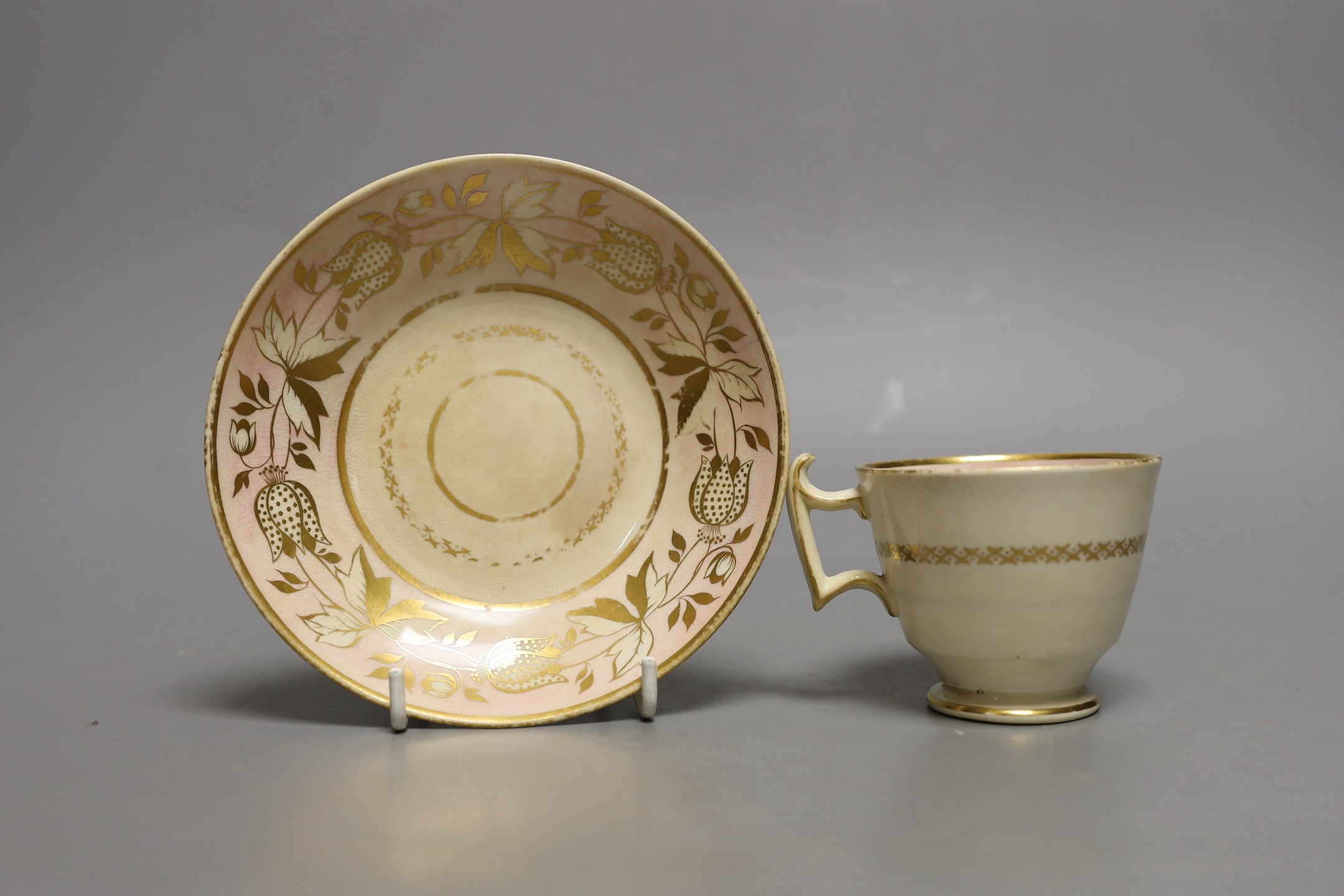 A Chinese famille rose tea bowl, similar small vase and a London shape coffee cup and saucer